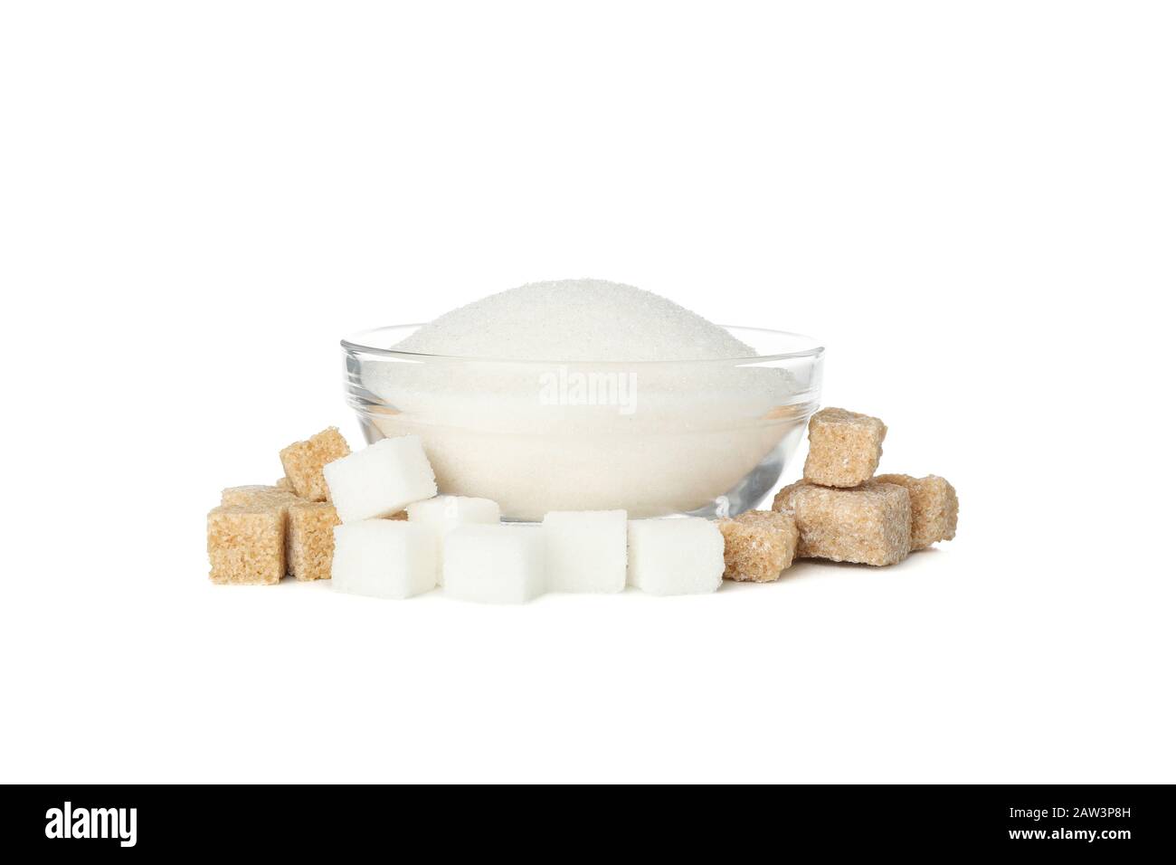 Bowl with sugar and sugar cubes isolated on white background Stock Photo