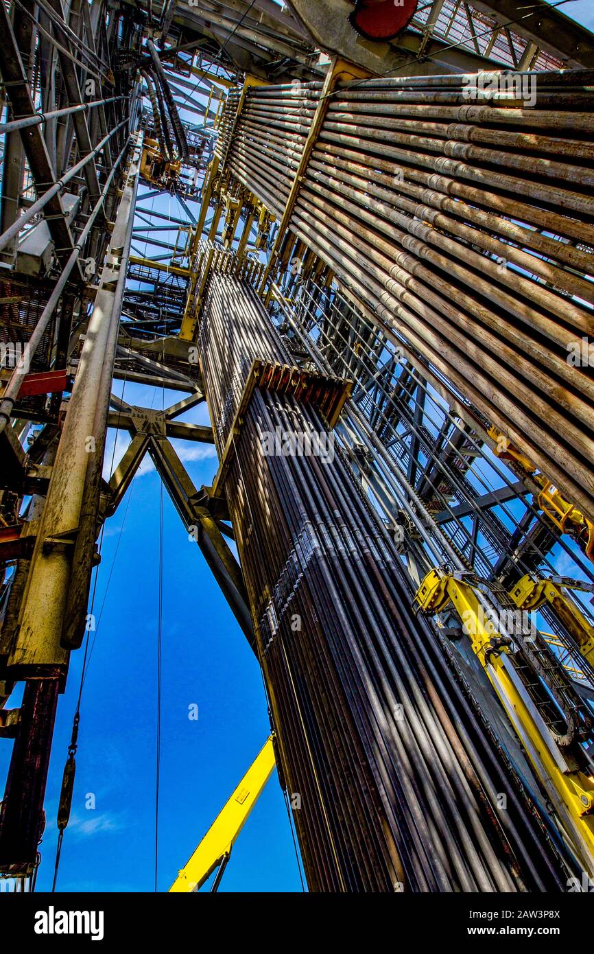 Drill Floor onboard drill ship looking straight up Stock Photo Alamy