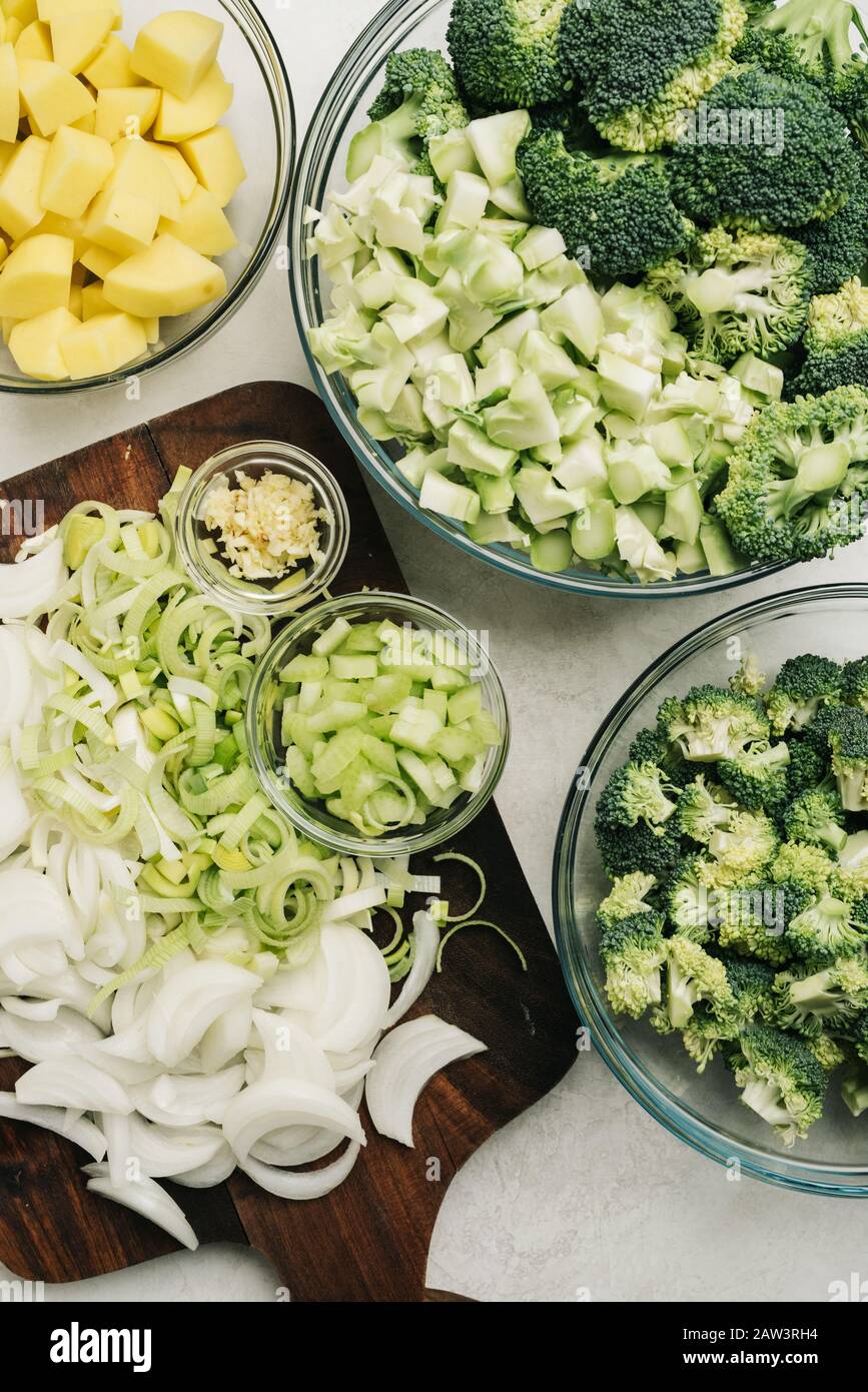Chopped veggies for a potato broccoli soup recipe Stock Photo