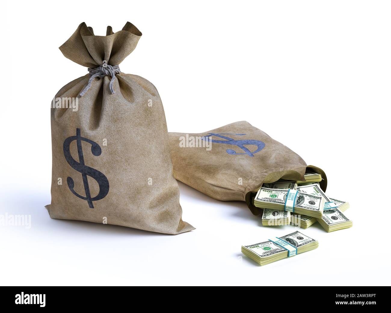 Money bags with wads of banknotes coming out from one of them. 3D illustration. On white background. Stock Photo