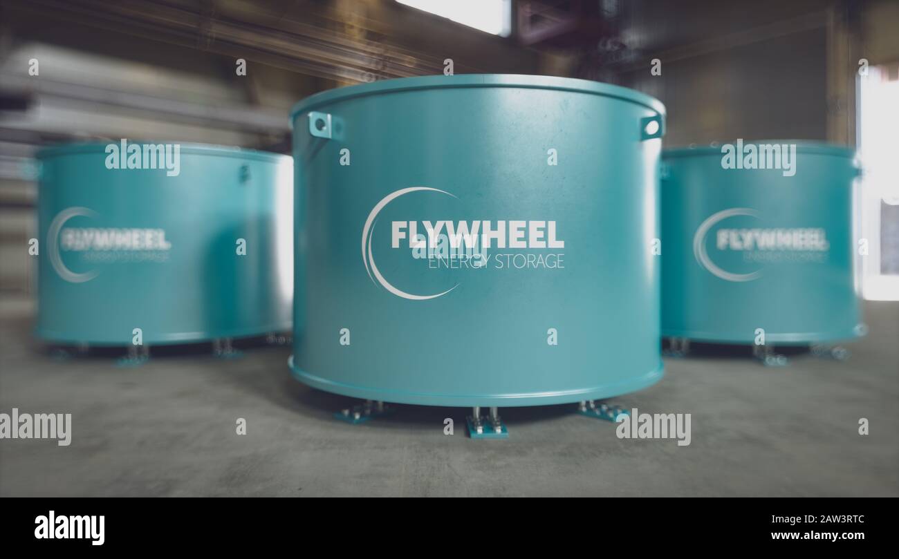 Flywheel energy storage system situated in factory environment. 3d rendering. Stock Photo