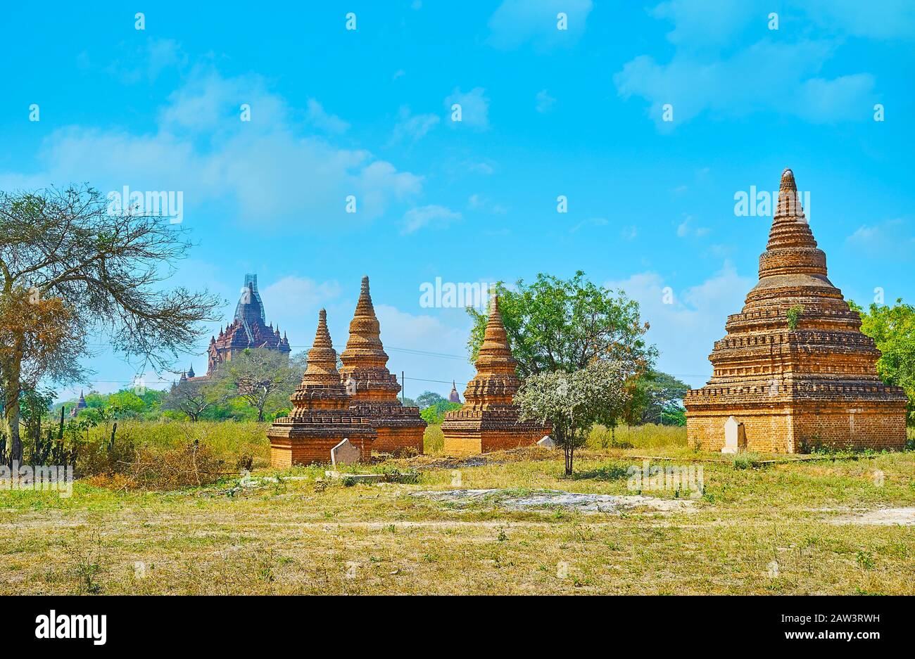 Take a walk among the ancient temples, pagodas and shrines of Bagan archaeological site and watch the skyline with numerous brick stupas and great Hti Stock Photo