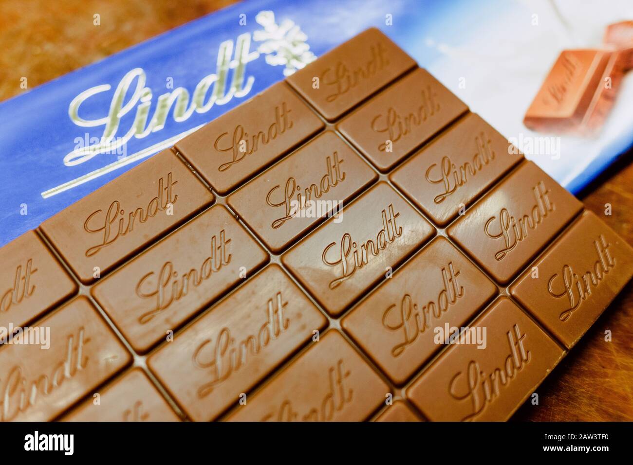 Valencia, Spain - February 5, 2020: Lindt Swiss brand chocolate tablet. Stock Photo