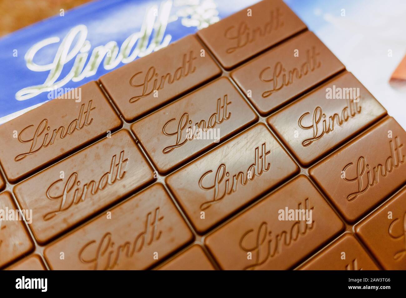 Valencia, Spain - February 5, 2020: Lindt Swiss brand chocolate tablet. Stock Photo