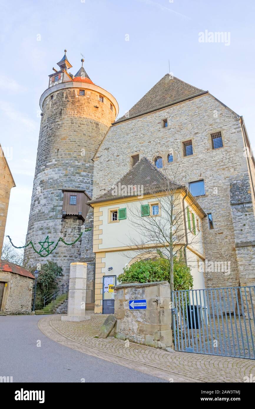 Besigheim, Germany - December 27, 2015: Tower of Besigheim - on the right the Steinhaus. It hosts a musical school. Stock Photo