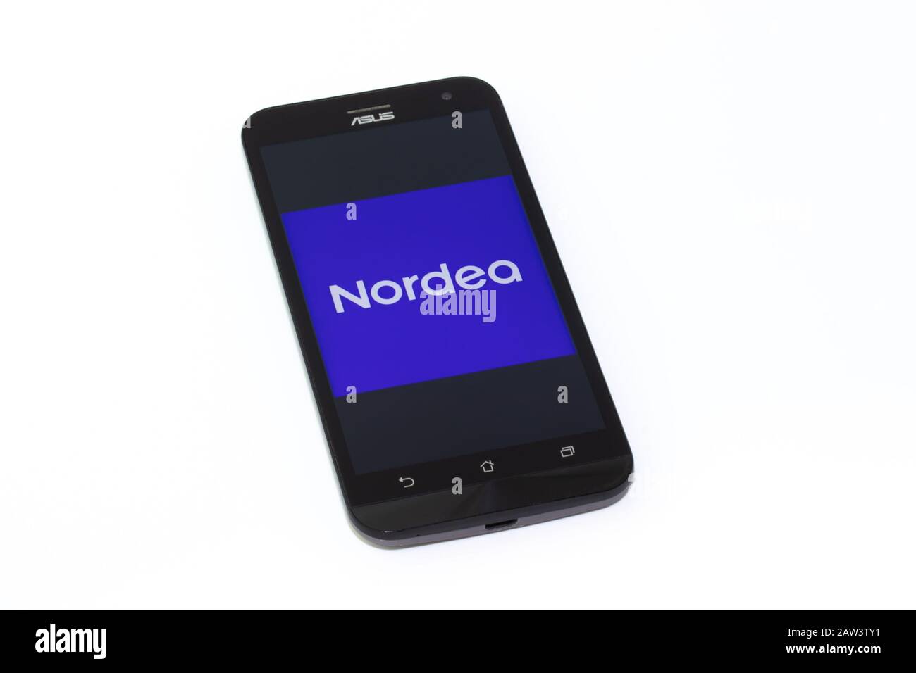 Kouvola, Finland - 23 January 2020: Nordea mobile app logo on the screen of smartphone Asus Stock Photo