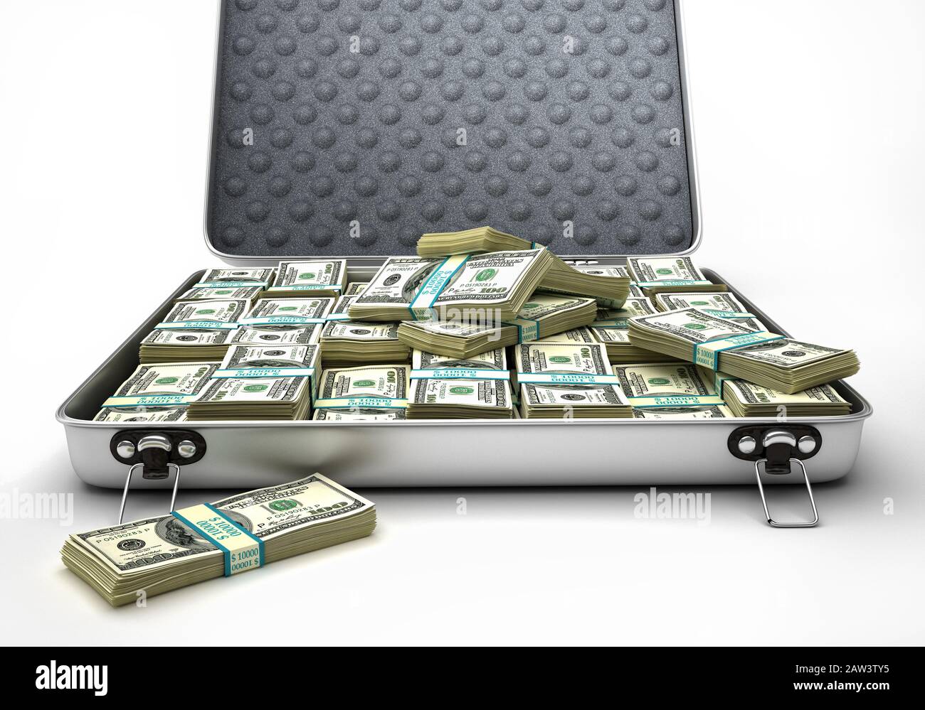 Briefcase open, full Wads of 100 $ banknotes. Frontal view. 3D illustration on white background. Stock Photo