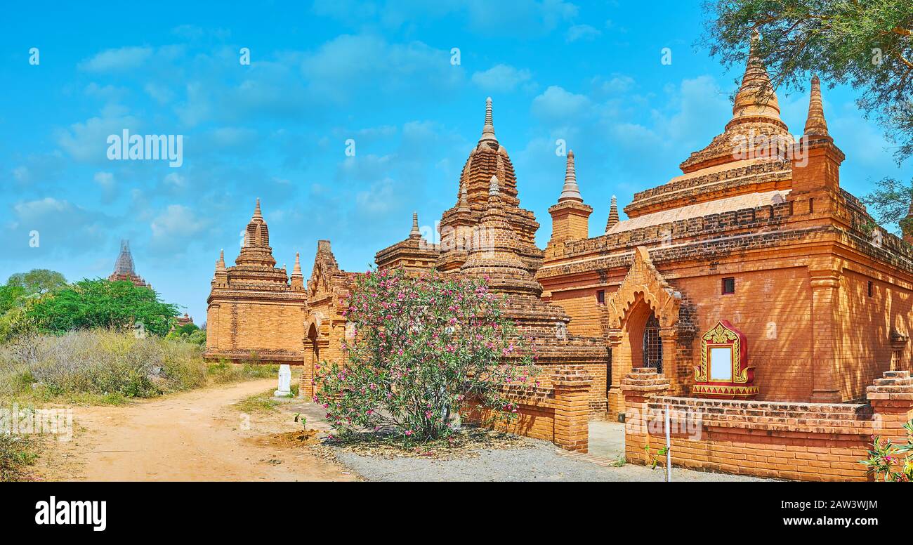 Panorama of historic brick shrines, temples, pagodas and image houses of Bagan, Myanmar Stock Photo