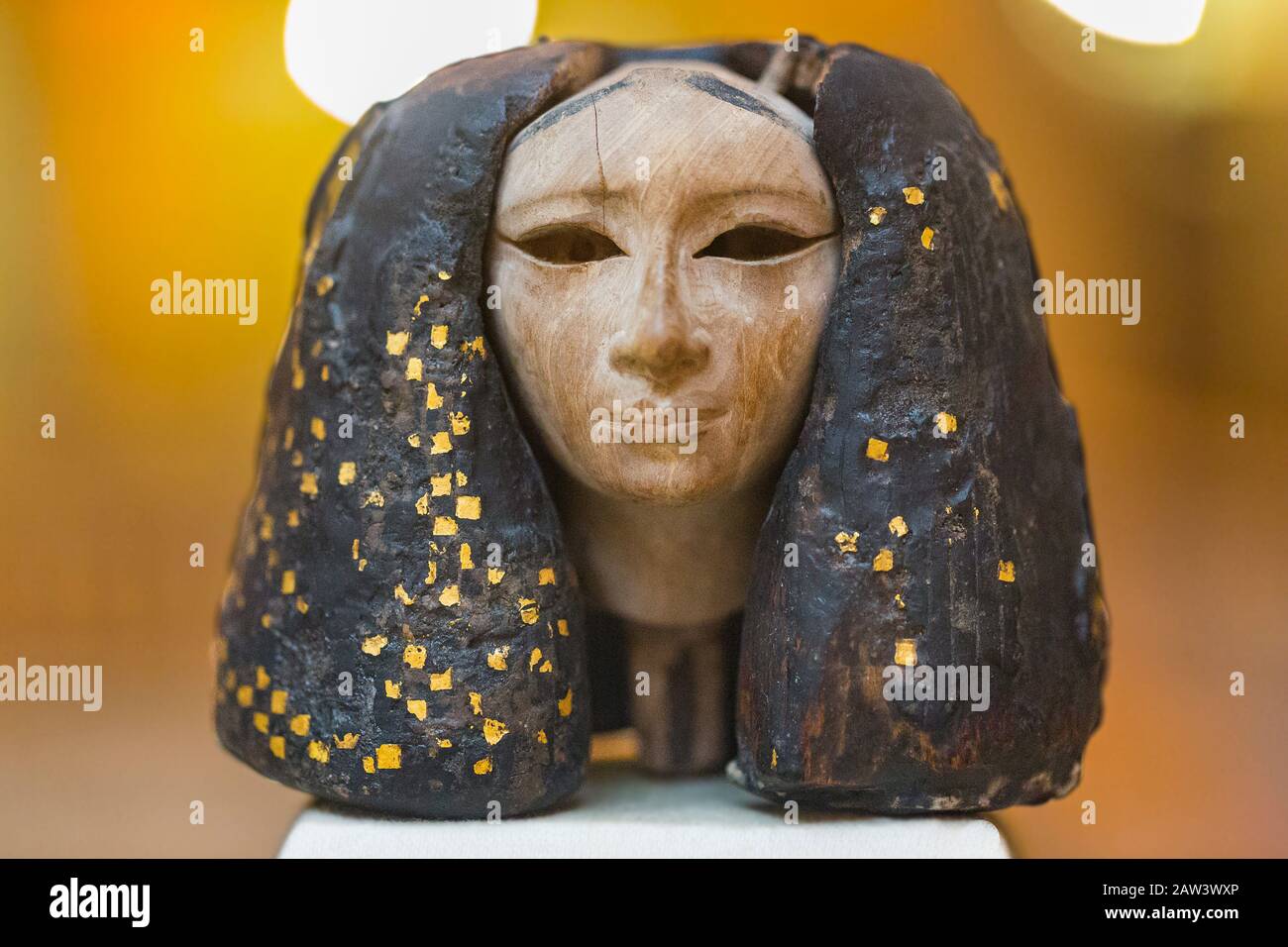 Egypt, Cairo, Egyptian Museum, wooden head of a statuette, found in Lisht. Probably a princess of the 12th Dynasty. The wig is a separate piece. Stock Photo
