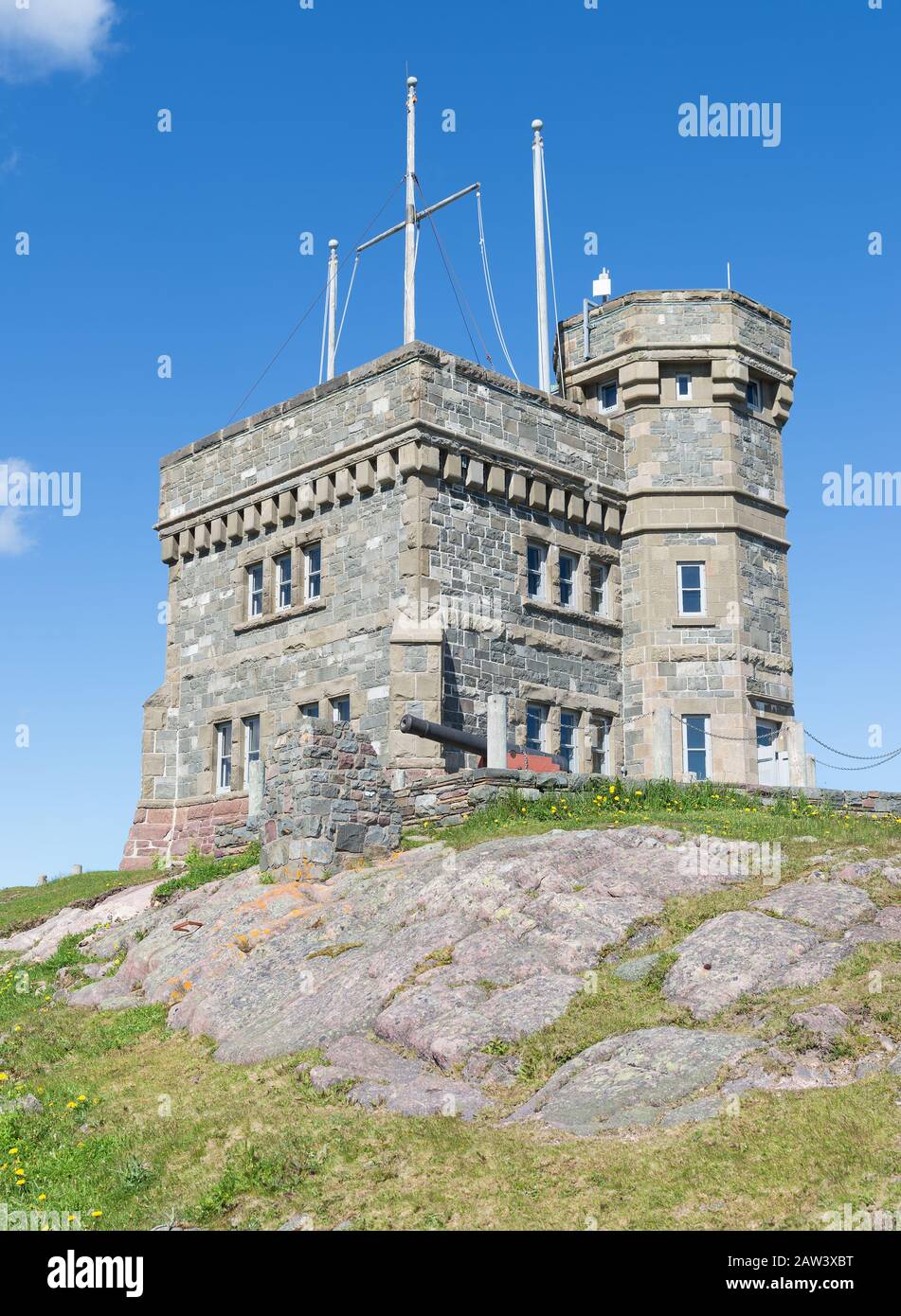 Cabot Tower on Signal Hill in St. John's, Newfoundland and Labrador. This is where Marconi received the first trans-Atlantic human voice transmission. Stock Photo