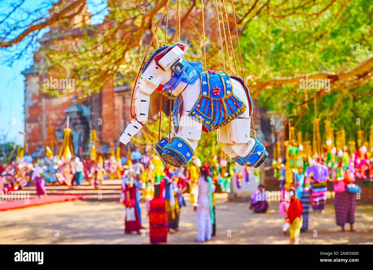 The beautiful marionette in shape of elephant in outdoor stall of Dhammayangyi Temple market, Bagan, Myanmar Stock Photo