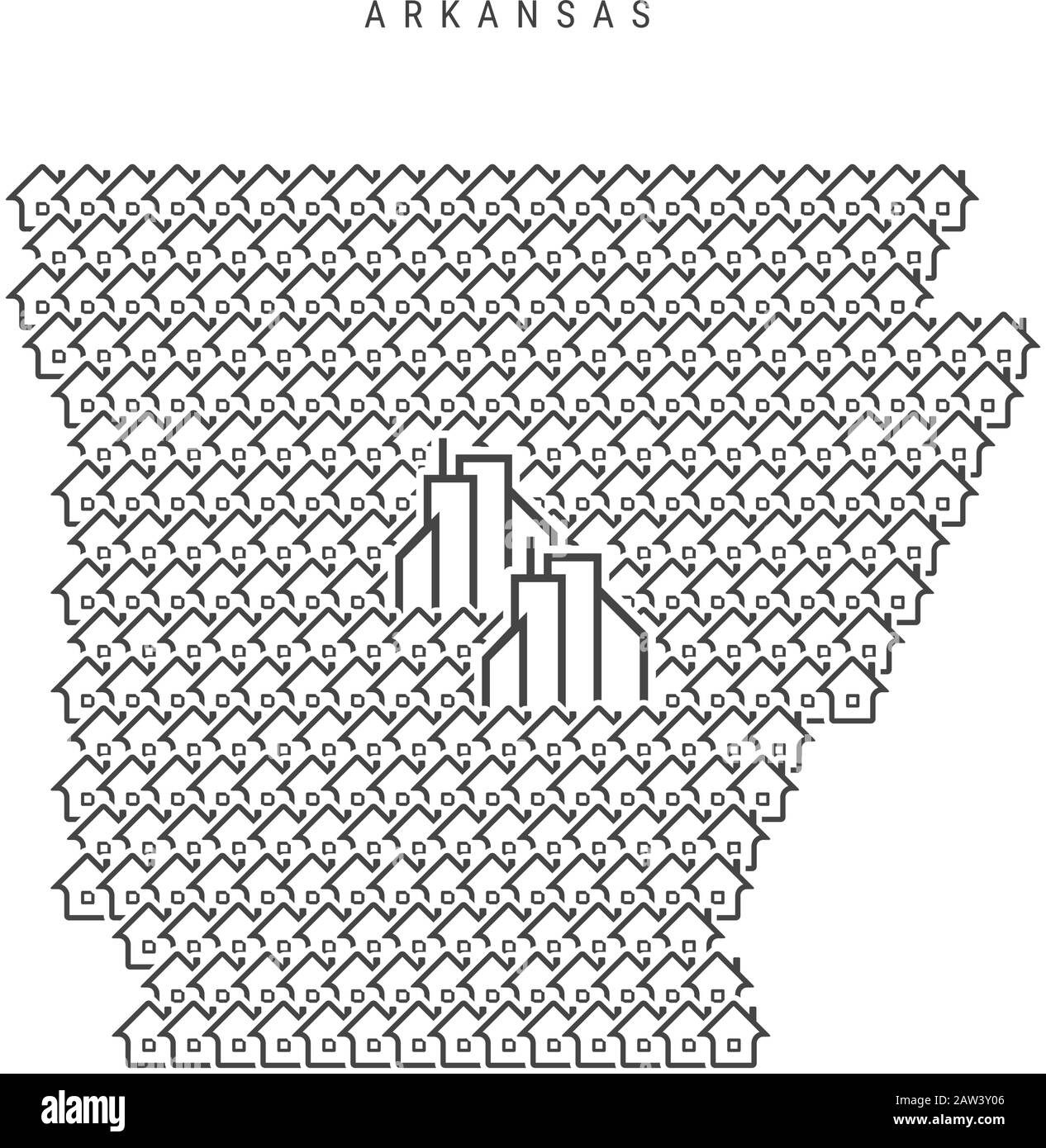 Arkansas real estate property map. Icons of houses in the shape of a map of Arkansas. Creative