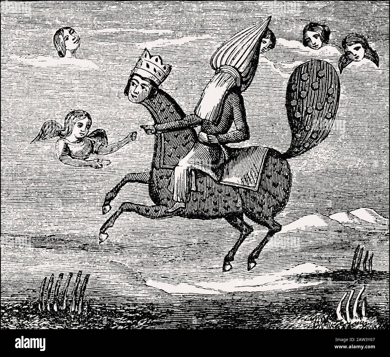 The mythical creature Burāq carried the Islamic prophet Muhammad up in the heavens, Persian miniature Stock Photo