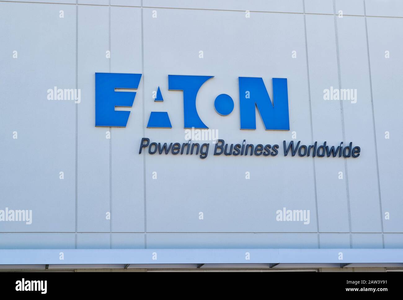 Eaton Corporation sign on their office building exterior in Houston, TX. A Power Management company founded in 1911 in the USA. Stock Photo