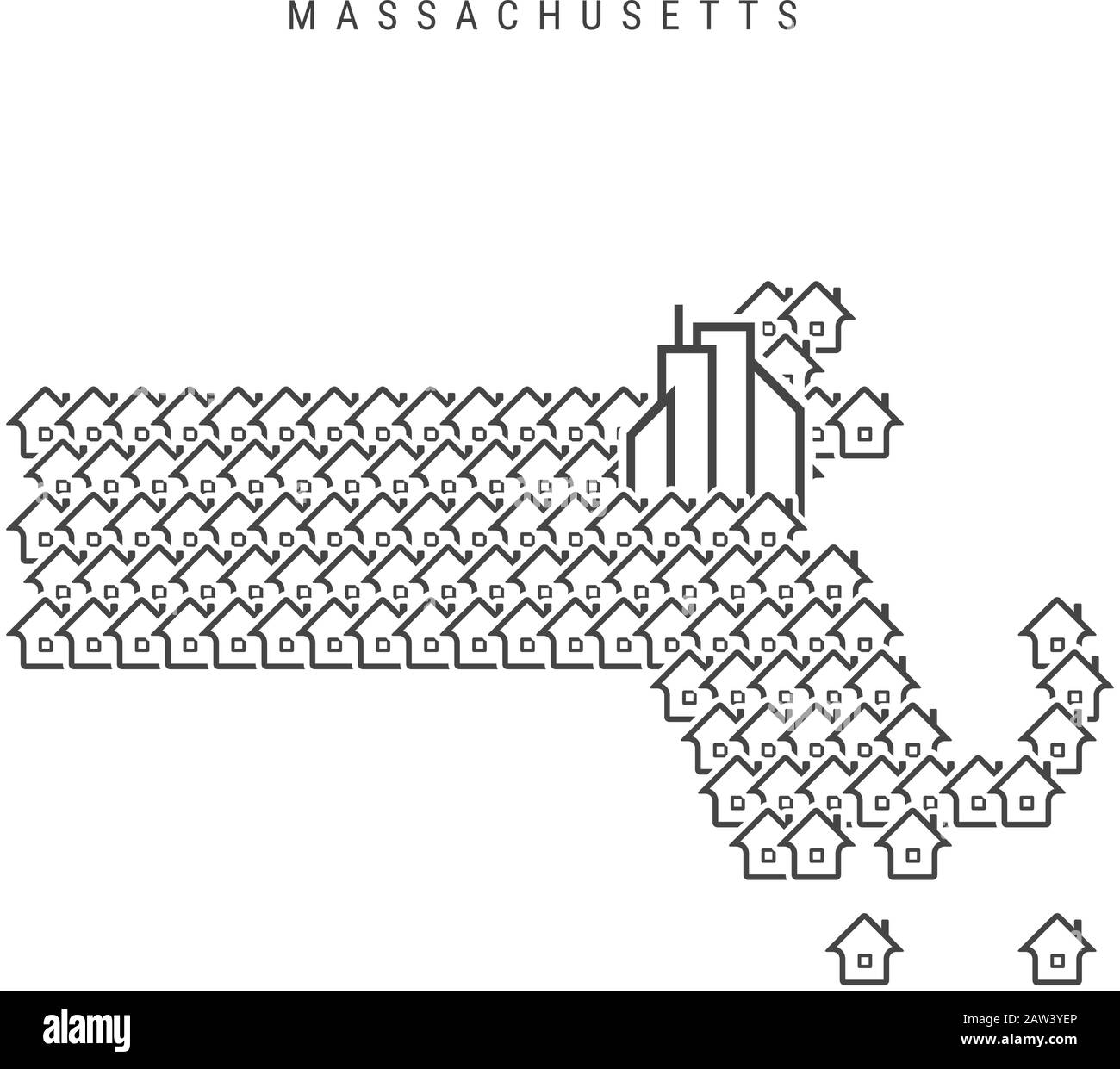 Massachusetts real estate property map. Icons of houses in the shape of