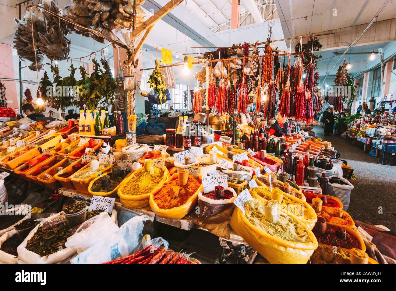 Batumi, Georgia - May 28, 2016: Diversity Of Varicolored Fragrant Spices And Herbs, Traditional Sauces, Condiments, Churchkhelas On The Counter Showca Stock Photo