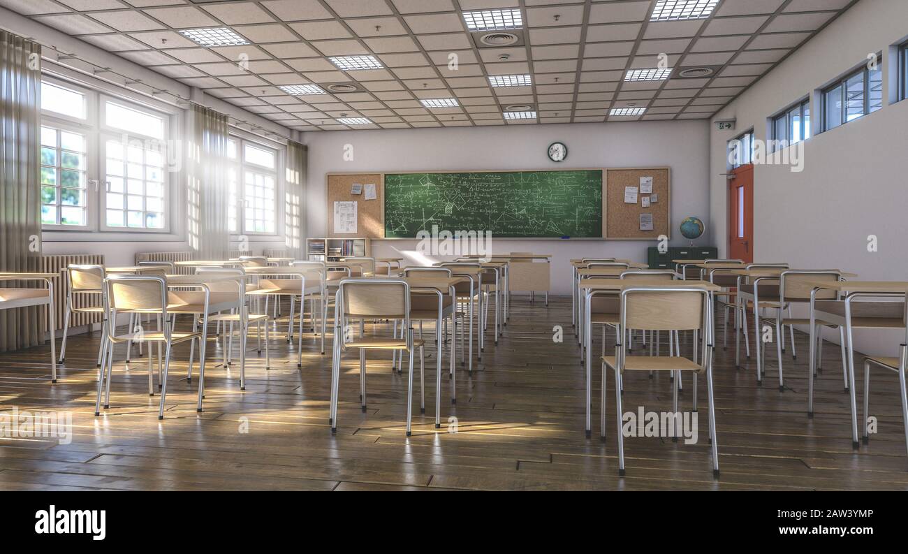 interior of a traditional style school with chairs and wooden desks, large green slate blackboard. light coming through the windows. nobody around. 3d Stock Photo