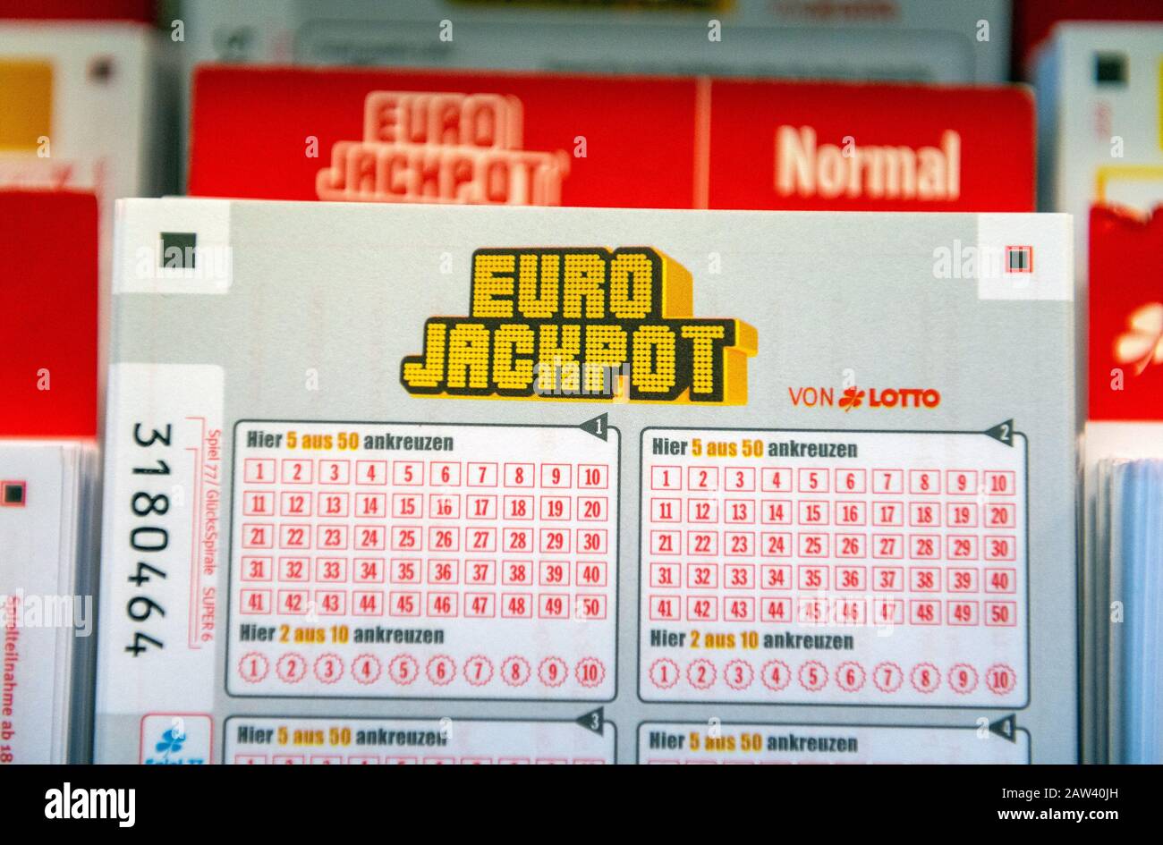 Freiburg, Germany. 06th Feb, 2020. A ticket for the Eurojackpot, taken at a  lottery retailer. For the tenth time in its history, the Eurojackpot has  reached its maximum winning level. On 07.02.2020