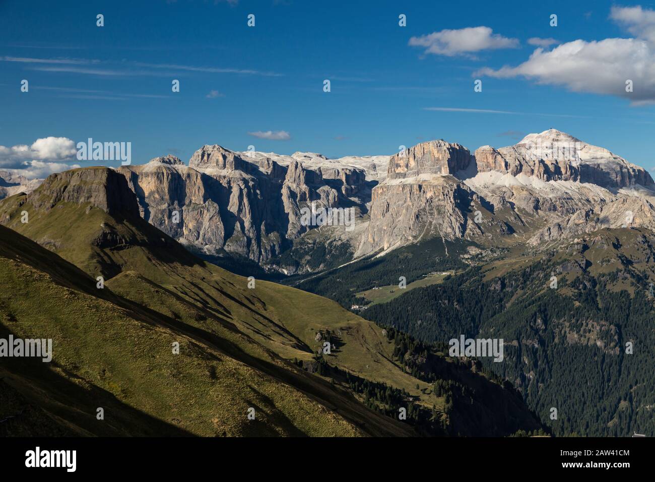 View of the Sella massif in the Dolomites. Vie from Ciampac Stock Photo