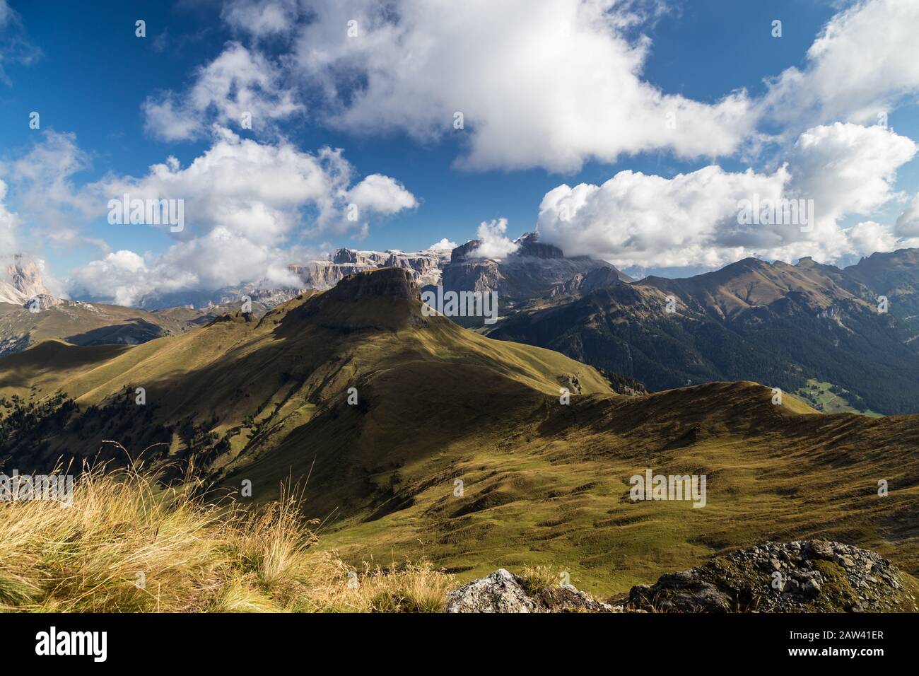 View of Sella massif in the Dolomites Stock Photo