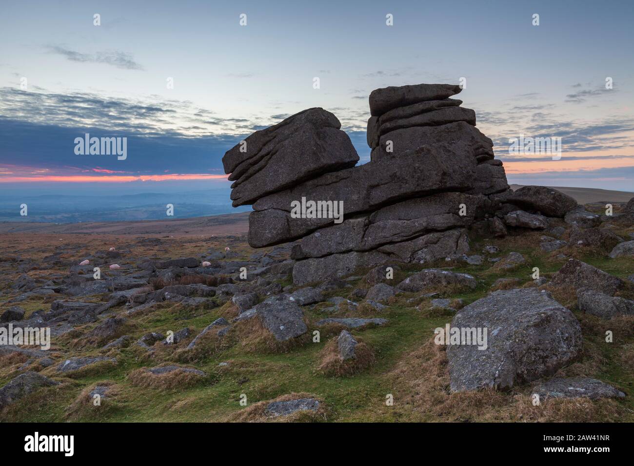 granite rock formation at Staple Tor, Dartmoor national park after sunset. Stock Photo