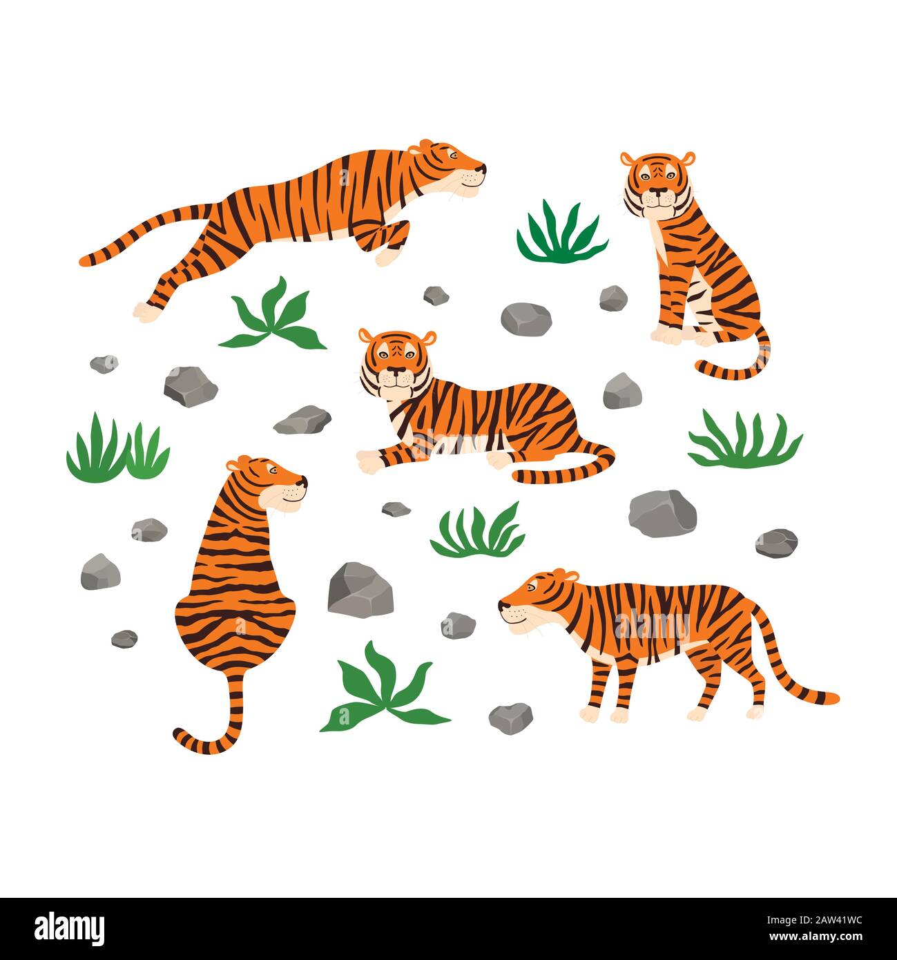 Set Of Tigers Leaves And Stones Vector Illustration Isolated On White Background Stock Vector 