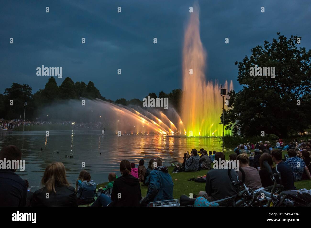 Hamburg, Germany - June 7, 2014: Park Planten un Blomen - famous water light concert Stock Photo