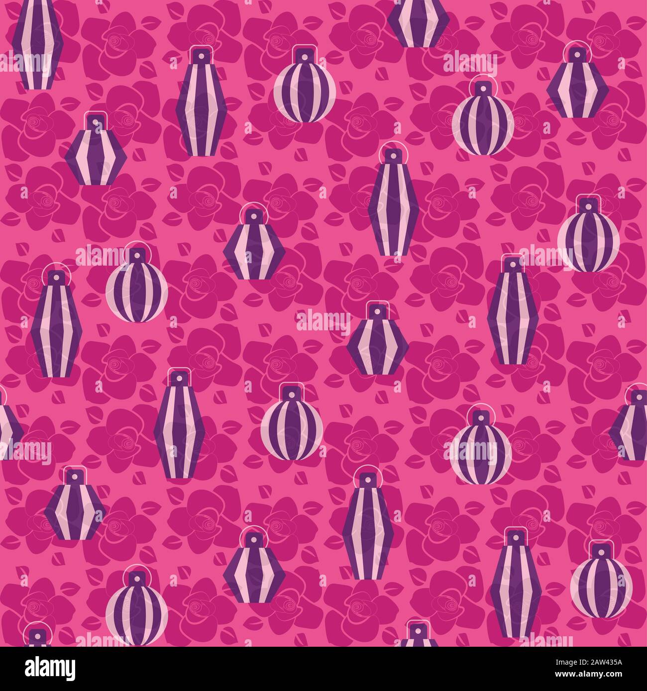 perfume bottles ans roses vibrant pink seamless vector pattern Stock Vector