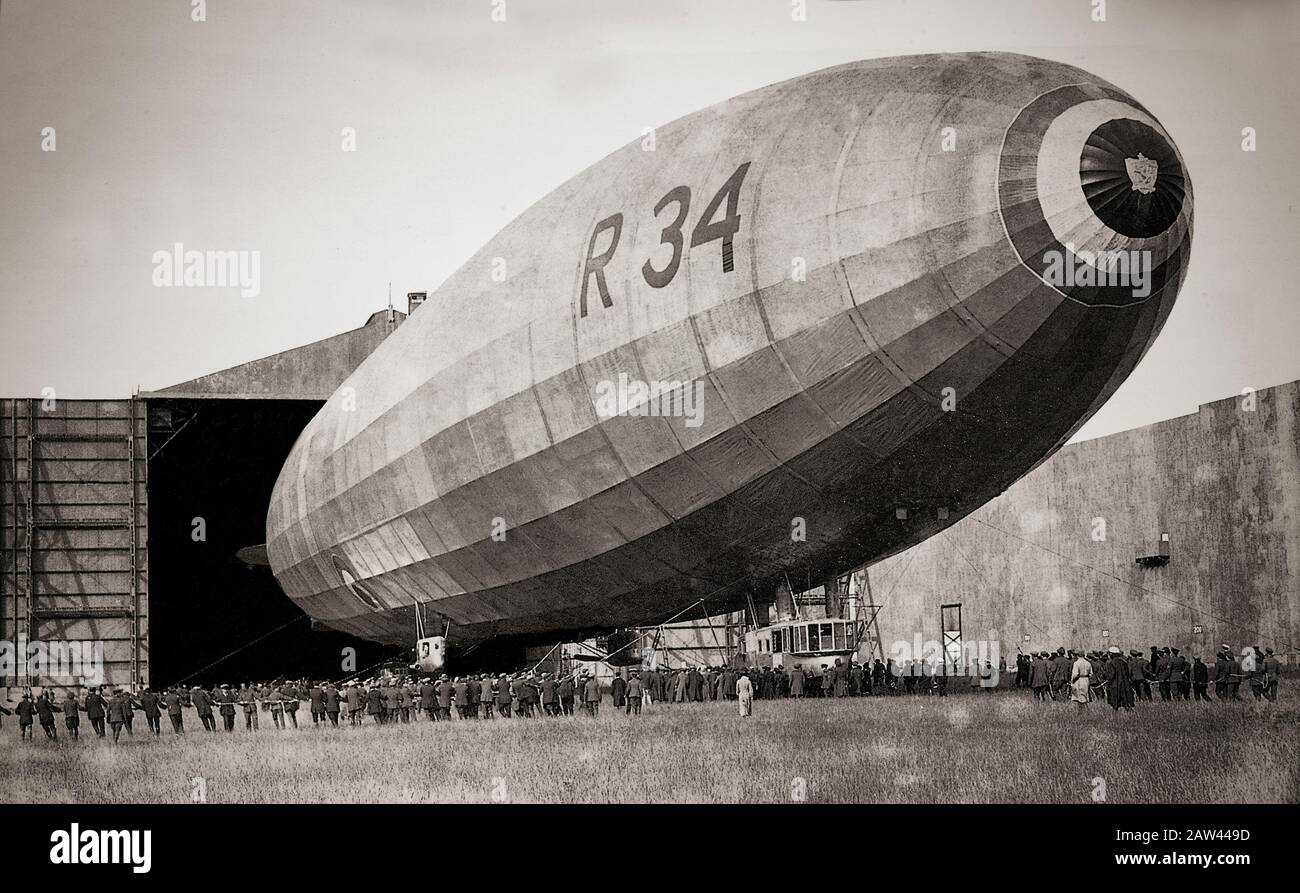The RAF's R.34  airship that entered service in 1919. Based in Pulham, Norfolk, she made the first 'lighter than air'  across the Atlantic Ocean from Lothian in Scotland to New York State, USA, in 1919. Stock Photo