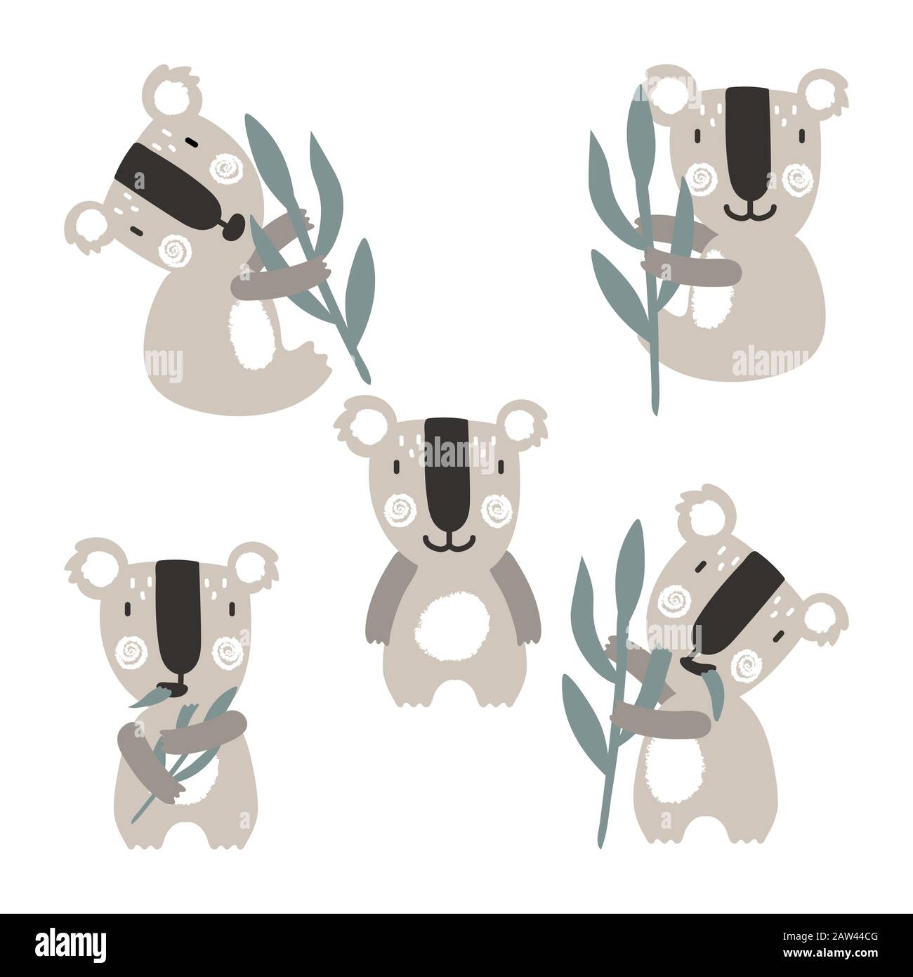 Set of koalas with eucalyptus branch vector illustration Stock Vector ...
