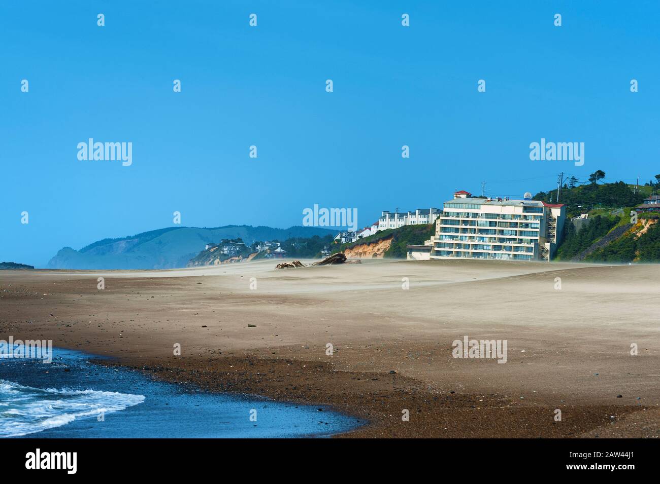 Ocean beach view on a windy day, of Lincoln City's shoreline on the Oregon Coast. Stock Photo