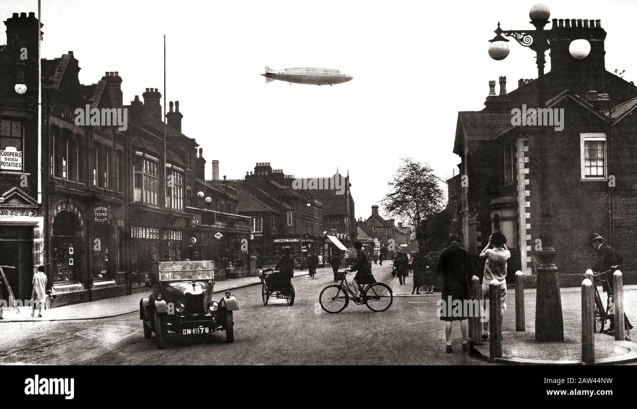 The R.101 which measures 777 feet, flying over Bedford town centre in October 1929 while on a test flight out of RAF Cardington Airfield in Bedfordshire, England, with a long and varied history, particularly in relation to airships and balloons. Stock Photo