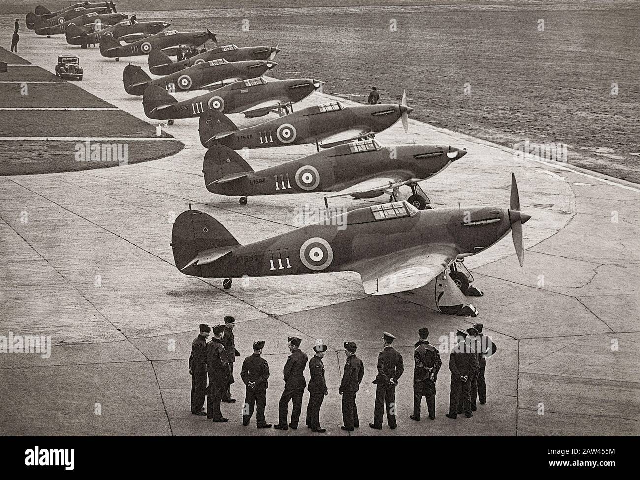 A flight of new Hawker Hurricane I, the single-seat fighter aircraft designed by Sir Sydney Camm entering service with 111 Squadron at RAF Northolt. The monoplane derivative of the Hawker Fury biplane of the early 1930s incorporated  retractable landing gear and the more powerful Rolls-Royce Merlin engine. It was overshadowed by the Spitfire during Battle of Britain in 1940, but the Hurricane inflicted around 70% of the losses sustained by the Luftwaffe in the engagement, and fought in all the major theatres of the Second World War. Stock Photo