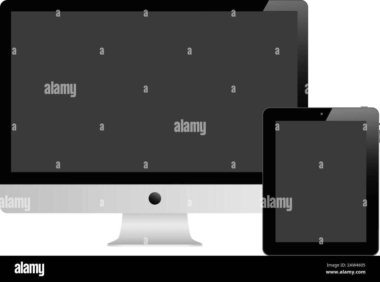 Tablet and desktop computer with black screen on a white background. Stock Vector