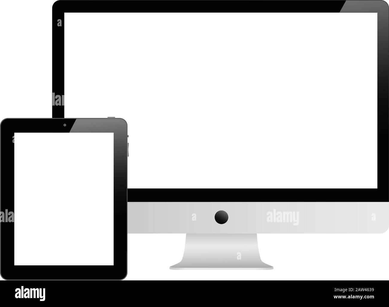 Tablet and desktop computer with white screen on a white background