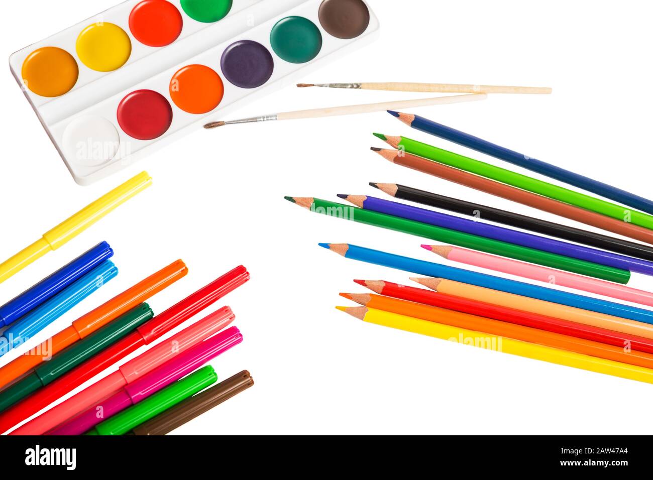 Subjects for drawing. Colored pencils, crayons, markers and paints on white  background Stock Photo - Alamy