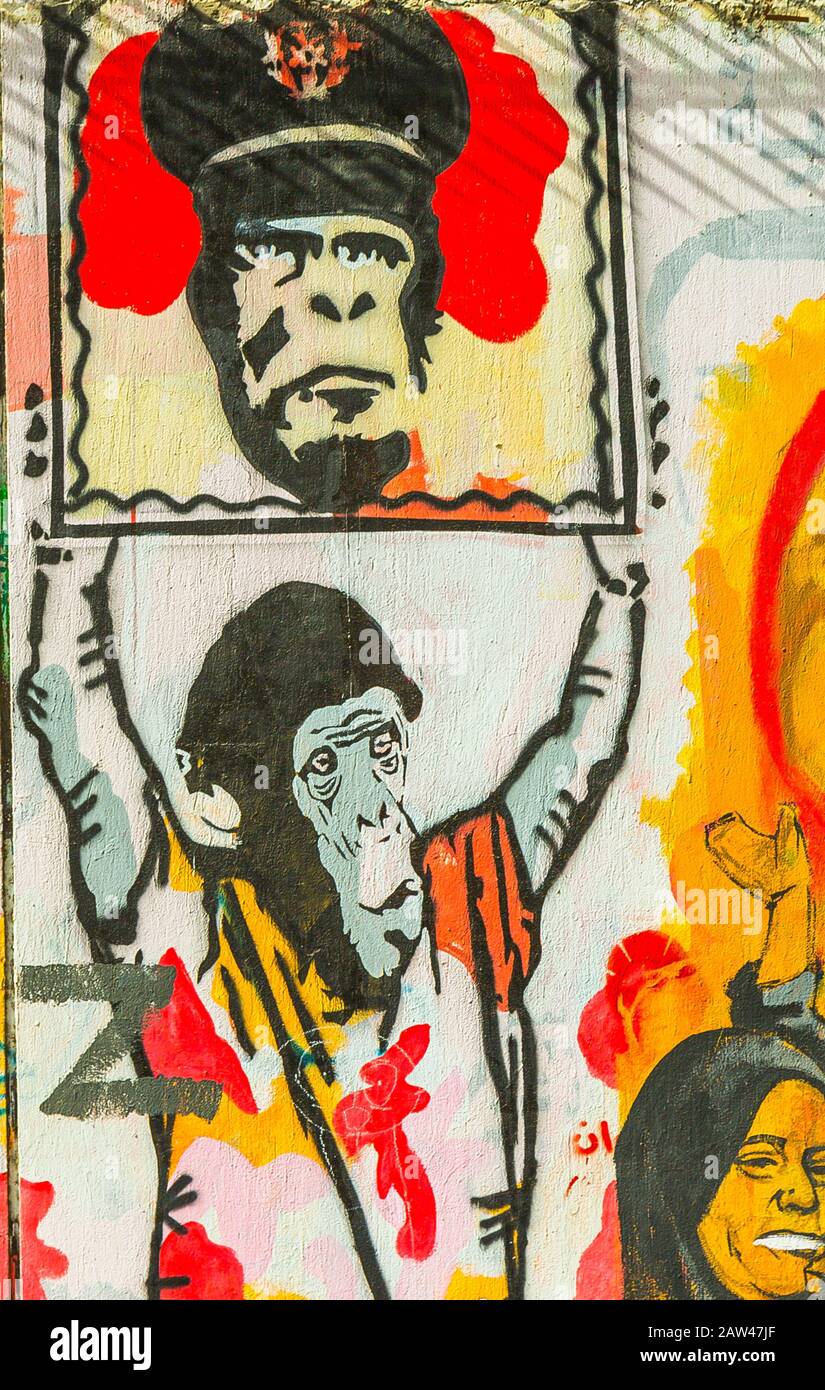 Egypt, Cairo, graffiti of the Egyptian revolution on Mohamed Mahmoud Street. A monkey holds the portrait of a soldier with a monkey head. Stock Photo