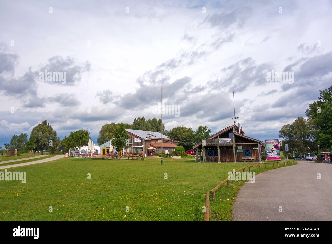 Muhr, Germany - August 18, 2014: Beach house and Lifeguard building at Altmuehlsee in the Fraenkische Seenland, a famous travel destination in Bavaria Stock Photo