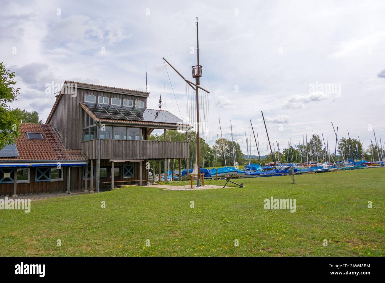 Muhr, Germany - August 18, 2014: ATSC Altmuehltal-Sailing-Club hous at Altmuehlsee in the Fraenkisches Seenland, a famous tourist destination. Stock Photo