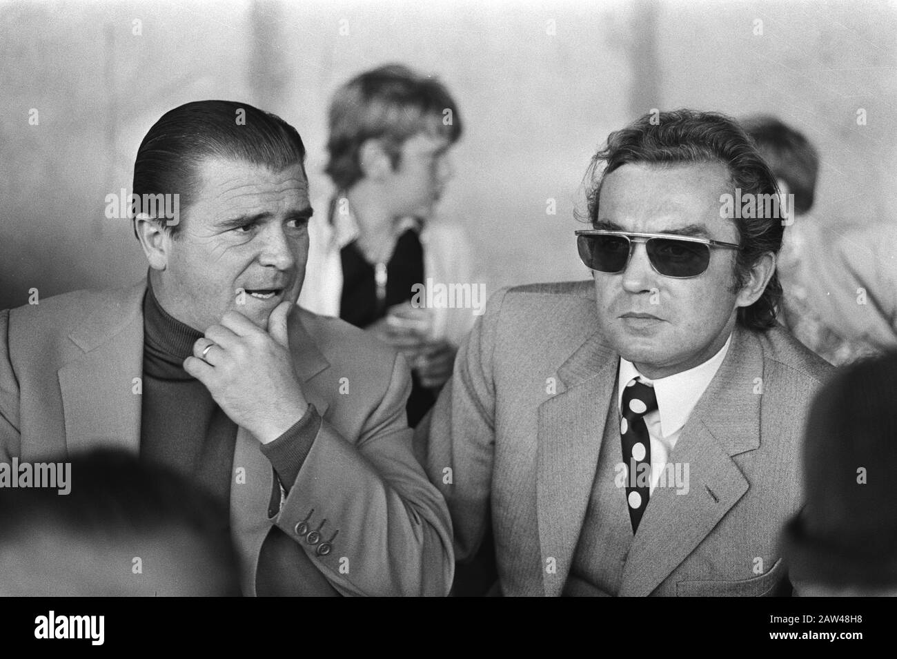FC Utrecht against Ajax 0-3  Puskas (l), coach of Panathinaikos FC, and Happel (R), coach of Feyenoord, the gallery Date: May 23, 1971 Location : Utrecht (province), Utrecht (city) Keywords: sport, trainers, bleachers, football Person Name: Happel, Ernst, Puskas Ferenc Institution Name: FC Utrecht Stock Photo