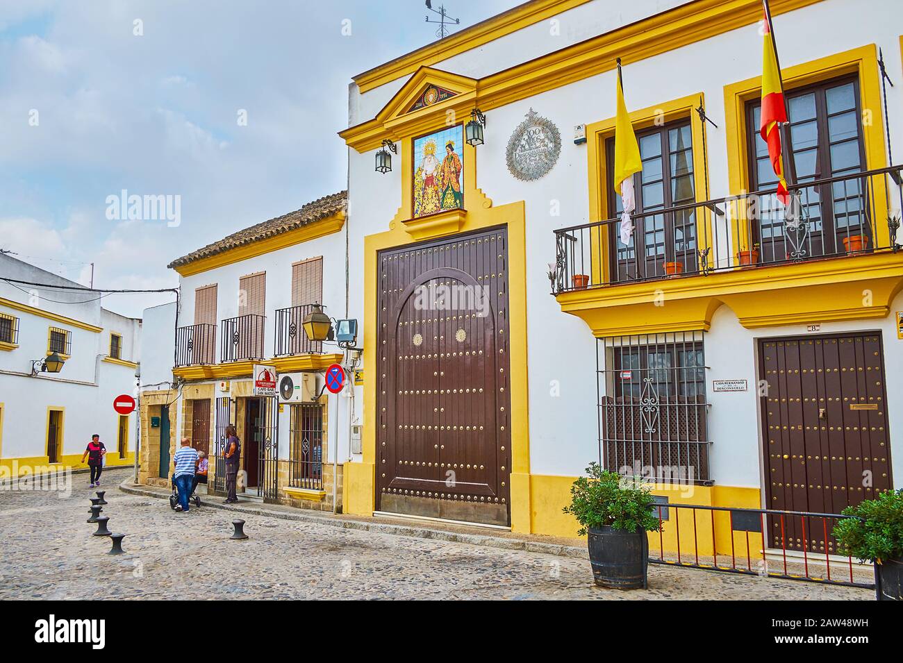 JEREZ, SPAIN - SEPTEMBER 20, 2019: The headquarters of Hermandad del Desconsuelo (Brotherhood) in San Mateo Square is decorated with vintage wooden do Stock Photo