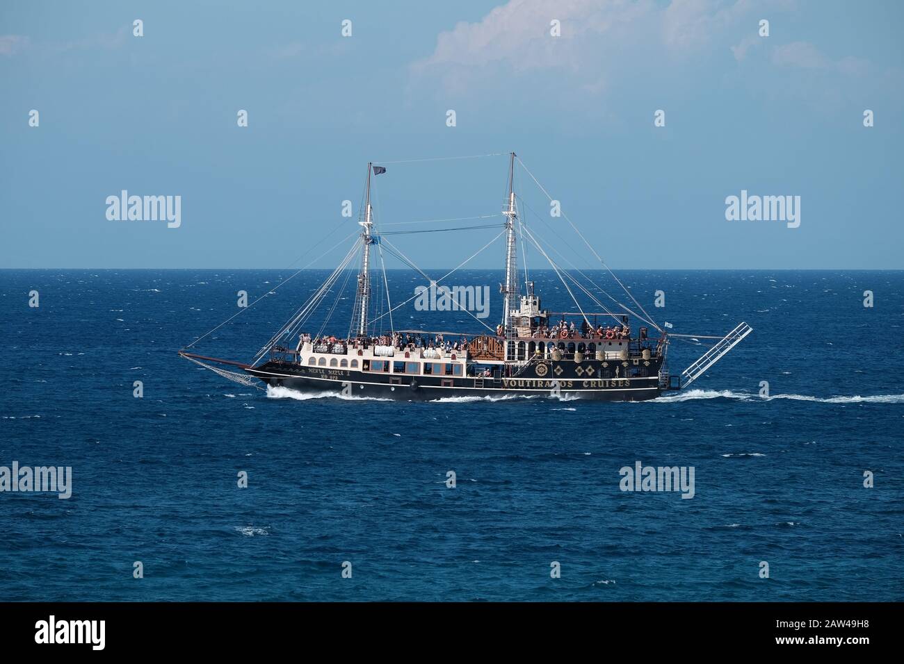 Voutirakos Cruises galleon themed pirate ship in the sea of Zakinthos Greece taking tourists on tours of the island. Stock Photo