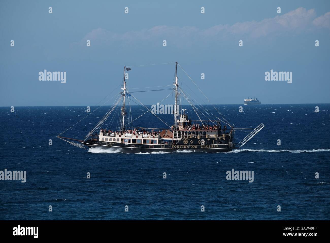 Voutirakos Cruises galleon themed pirate ship in the sea of Zakinthos Greece taking tourists on tours of the island. Stock Photo