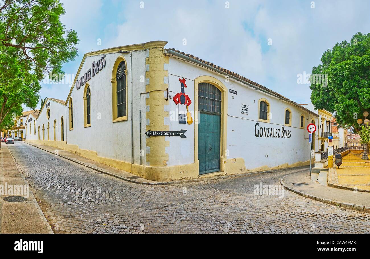 JEREZ, SPAIN - SEPTEMBER 20, 2019: Historic buildings of Bodegas Gonzalez Byass Sherry House with the famous logo of Tio Pepe (bottle with guitar) and Stock Photo