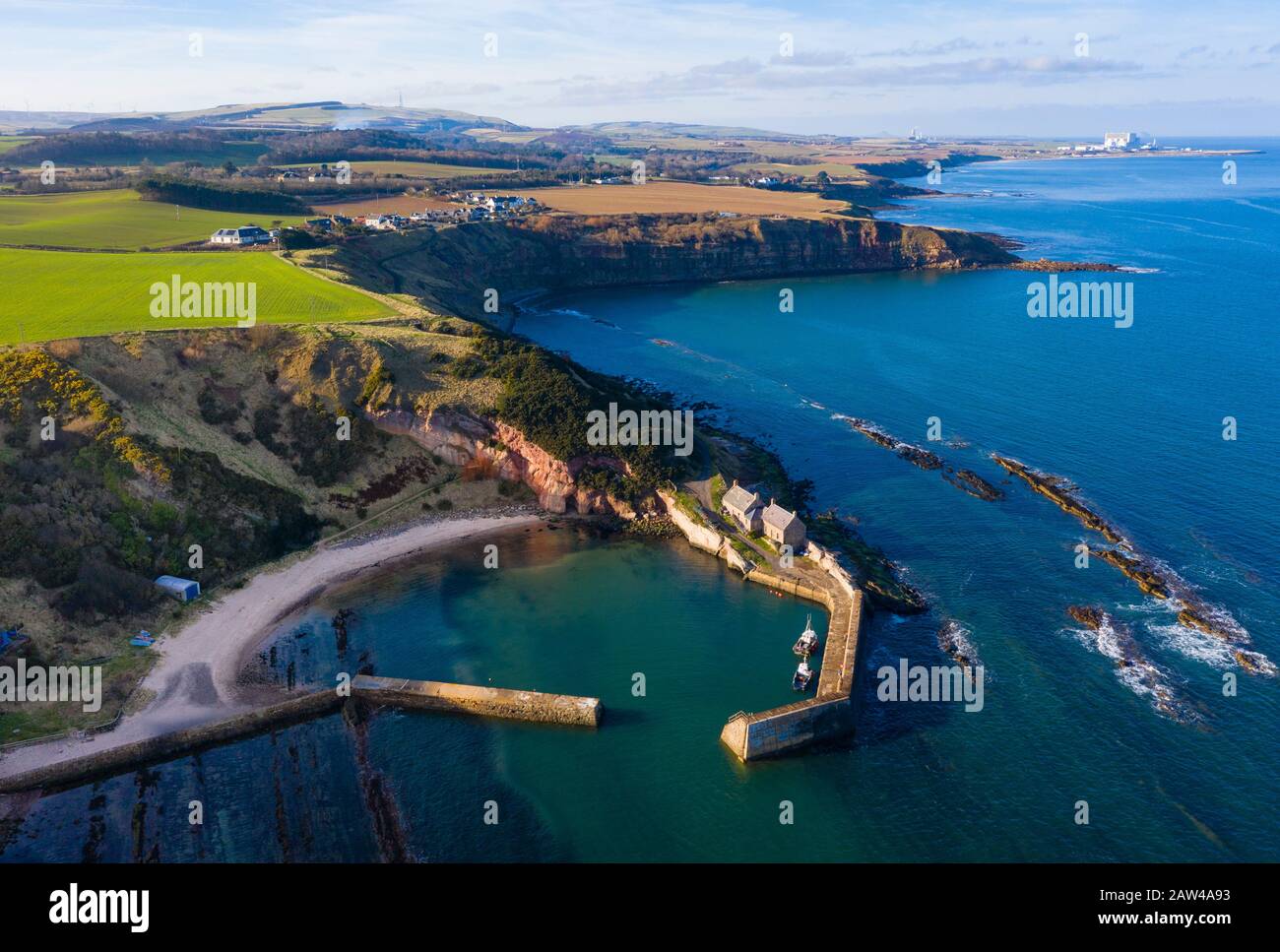 Aerial view of Cove harbour in the Scottish Borders, Scotland, UK Stock