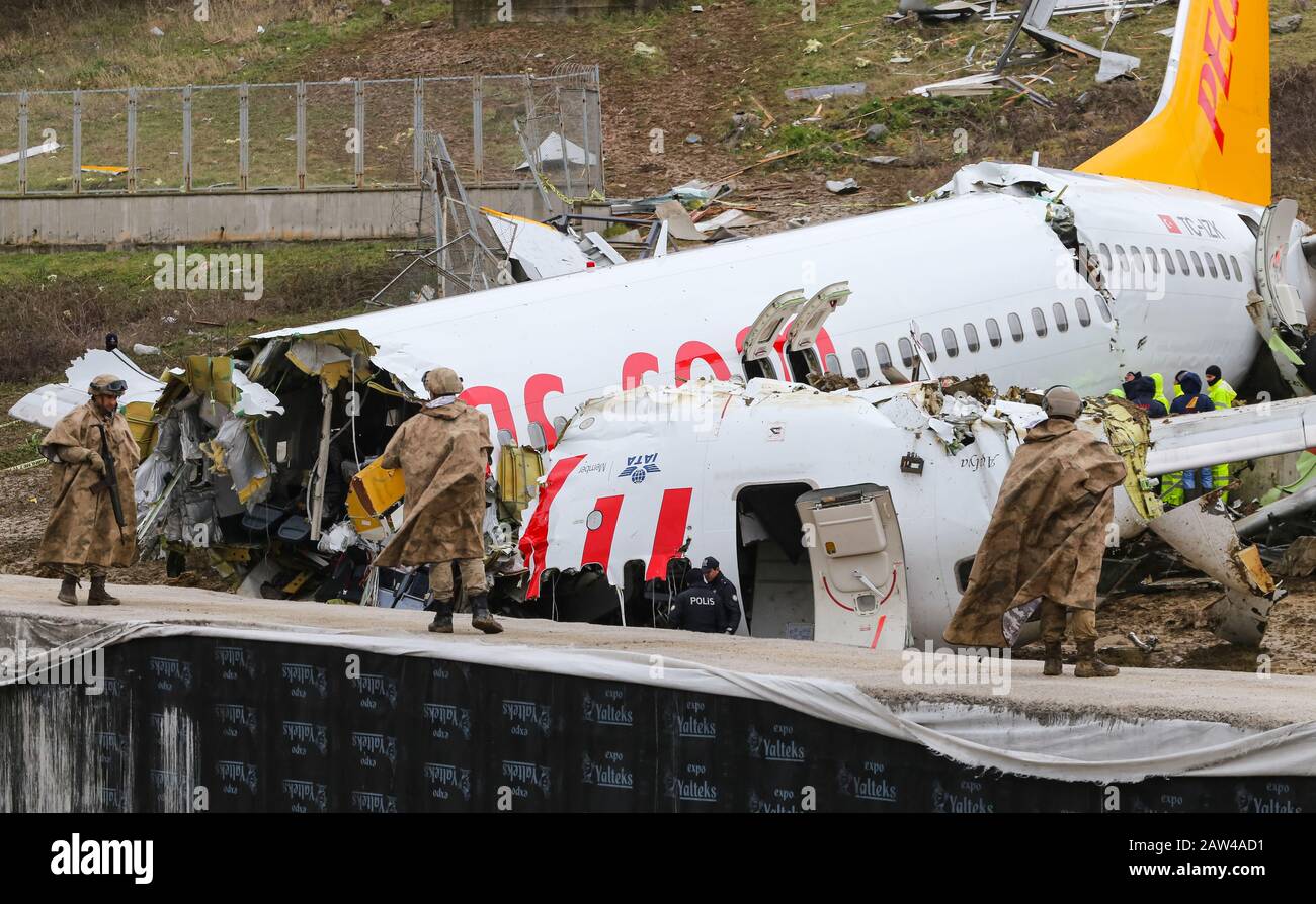 ISTANBUL, TURKEY - FEBRUARY 06, 2020: Pegasus Airlines Boeing 737-86J (CN 37742) crashed in Sabiha Gokcen Airport during landing. Stock Photo