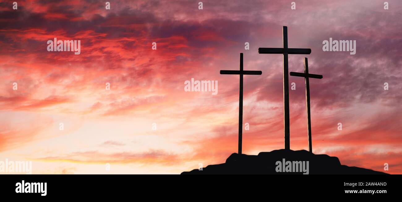 Crucifixion Of Jesus Christ At Sunrise Three Crosses On Hill Stock