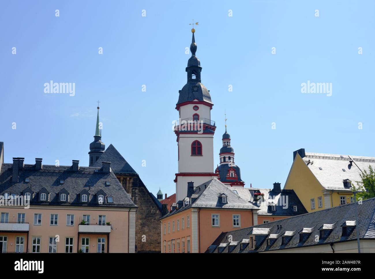 View to the town center of Chemnitz, Germany, with historical buildings tower ensemble Stock Photo