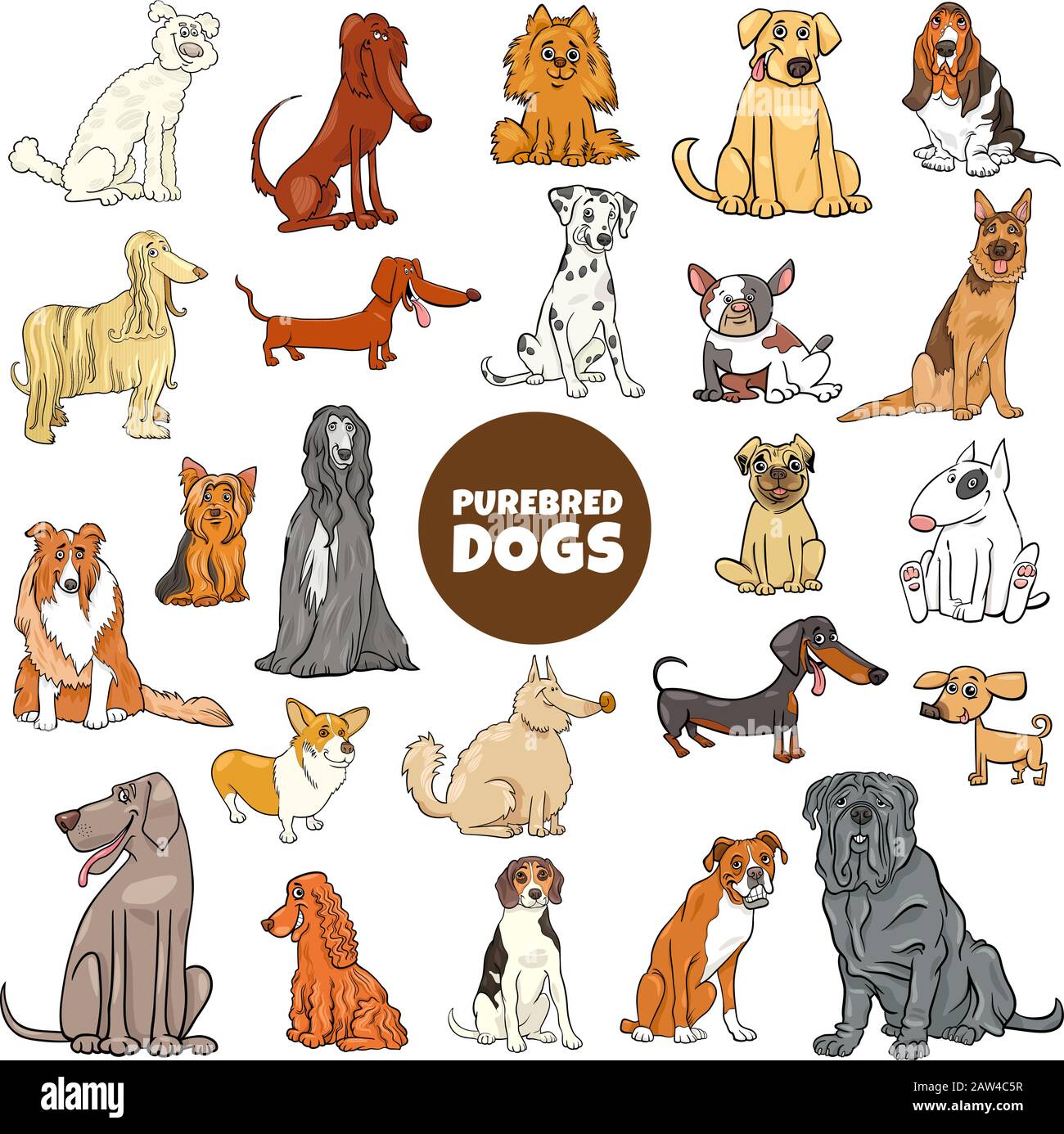 Cartoon Illustration of Purebred Dogs Animal Characters Large Set Stock Vector