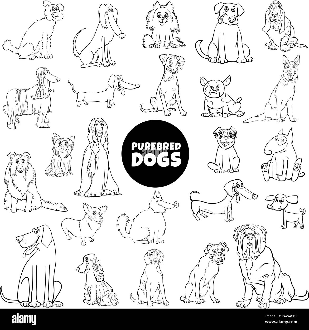 Black and White Cartoon Illustration of Purebred Dogs Animal Characters ...